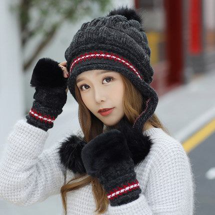 Cozy Knit Fleece-Feel Beanie With Ear Flaps & Pompom Warm Winter Hat