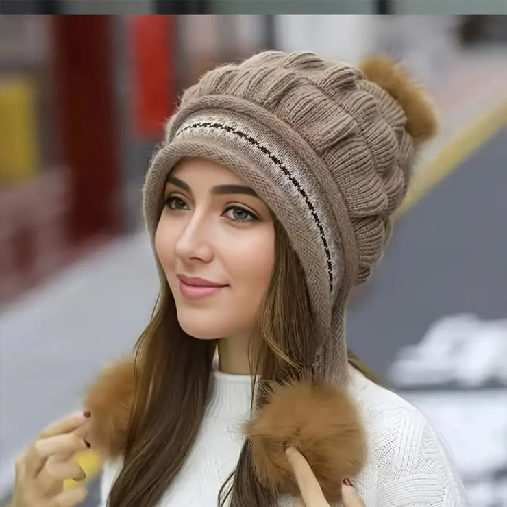 Cozy Knit Fleece-Feel Beanie With Ear Flaps & Pompom Warm Winter Hat